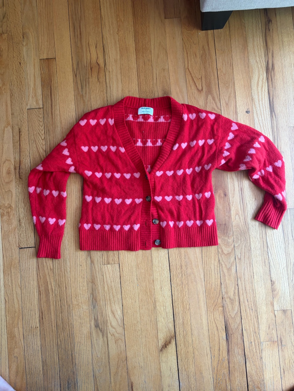 Old Navy Red Cardigan with Pink Heart Pattern